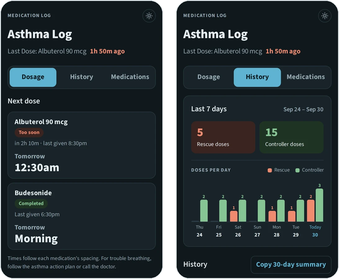 The Dosage and History tabs in dark mode.