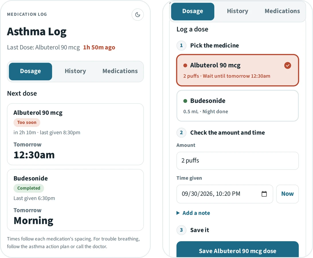 Two phone screens: the Dosage tab with next-dose cards for Albuterol and Budesonide, and the dose form showing a warning that a new dose would be 110 minutes after the last one.