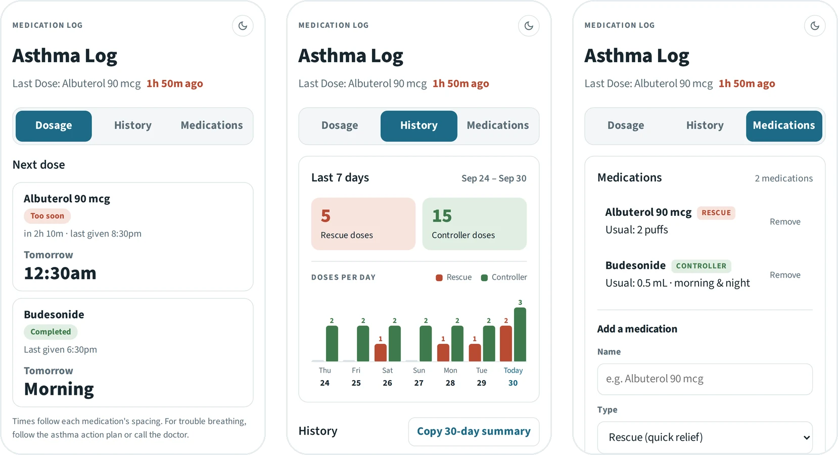 Three phone screens of Asthma Log: Dosage with next-dose cards, History with a seven-day chart of rescue and controller doses, and the Medications list.