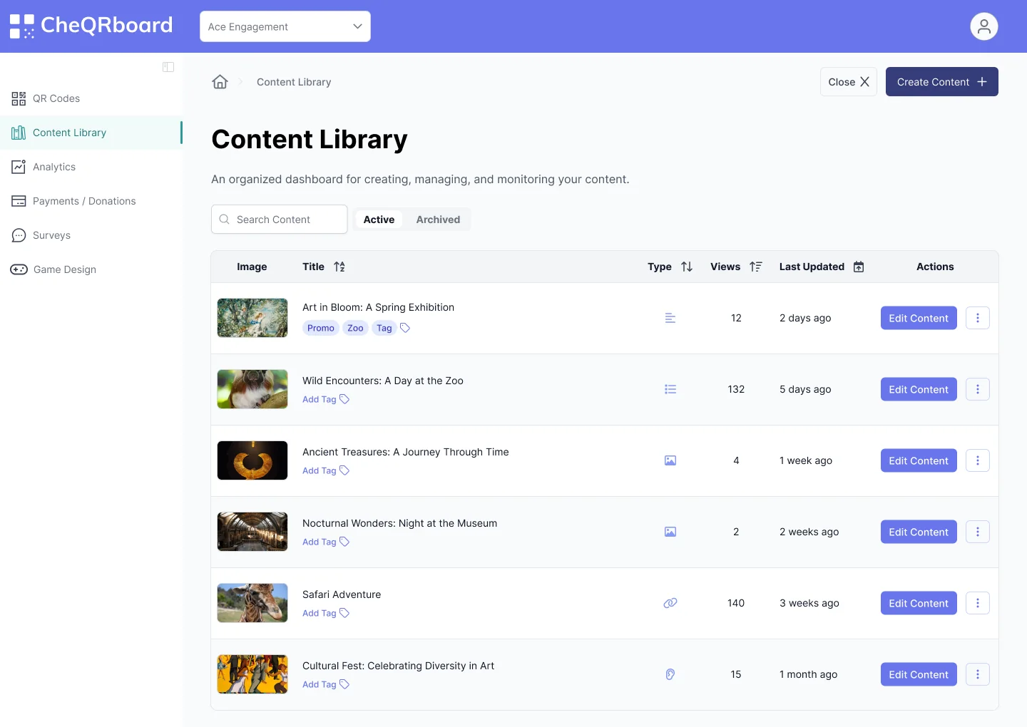 The Content Library table with a thumbnail, title, tags, type icon, views and last updated date for each item, and an Edit Content button on every row.