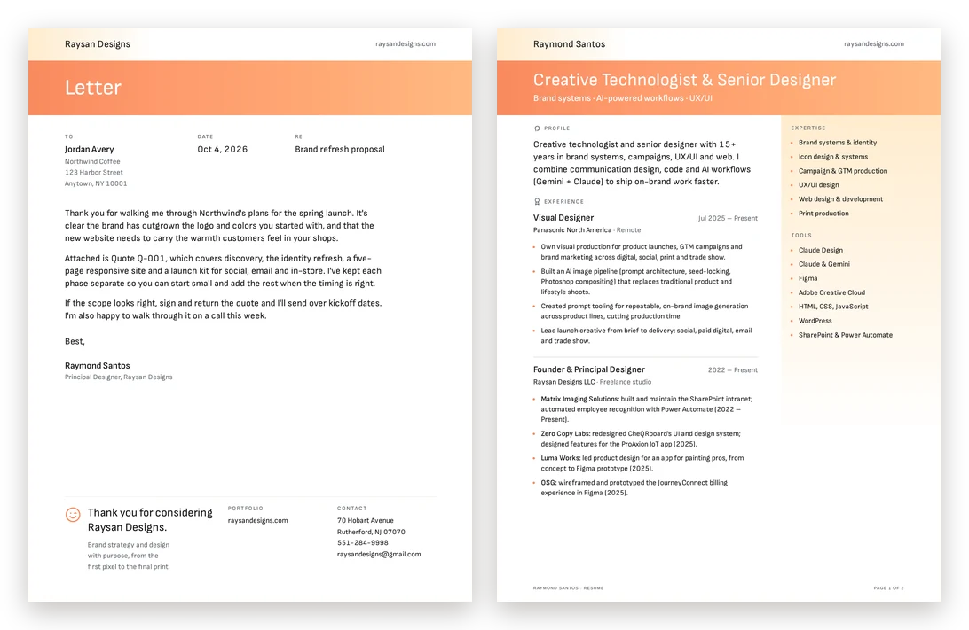 A sample branded letter next to page one of Ray's resume, sharing the same coral color bar.
