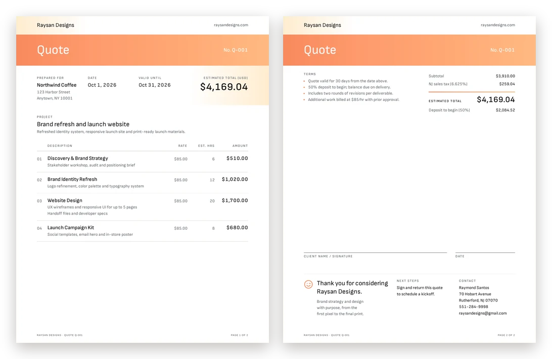 Two pages of a sample quote: page one with the project scope and estimated hours, and page two with the repeated header, terms, totals, fillable signature and date lines, and the footer.