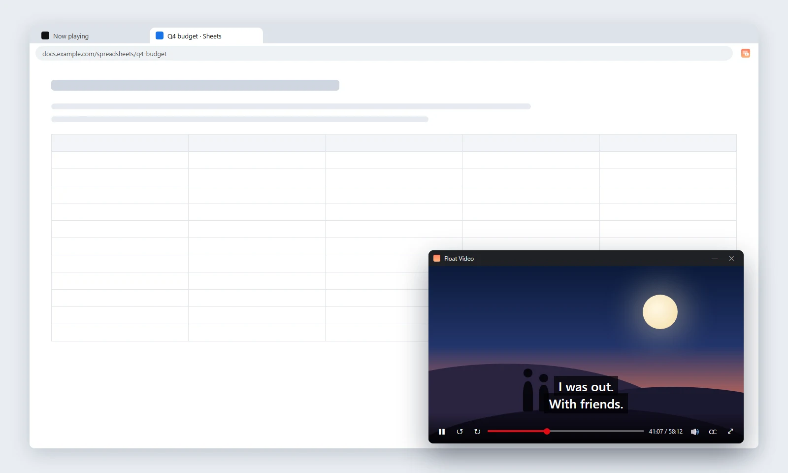 A small Float Video window in the corner of a spreadsheet, playing a night scene with subtitles and a control bar.