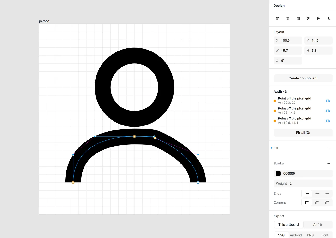 The same curve after a careless edit: orange markers on three points and an Audit panel listing three points off the pixel grid, each with a Fix button, plus Fix all.