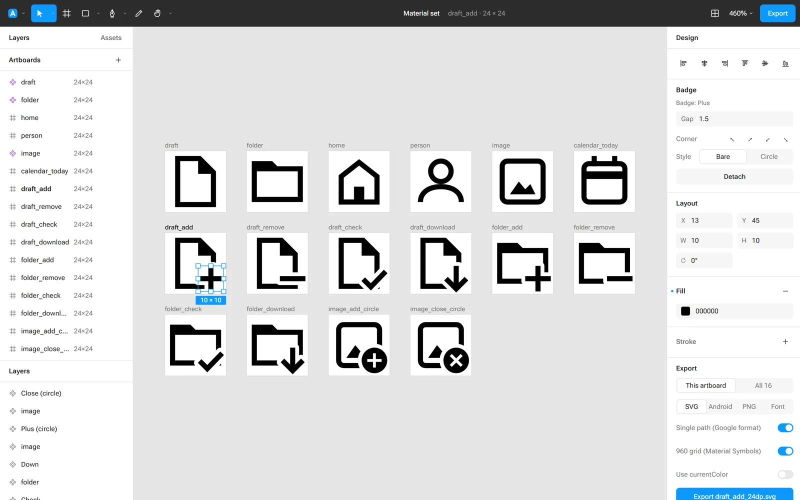 Iconic in a desktop browser: a dark top toolbar, artboards and layers on the left, a canvas holding sixteen 24 by 24 icons, including file and folder icons with plus, minus, check and download badges, and the Design panel on the right showing the selected badge's gap, corner and style.