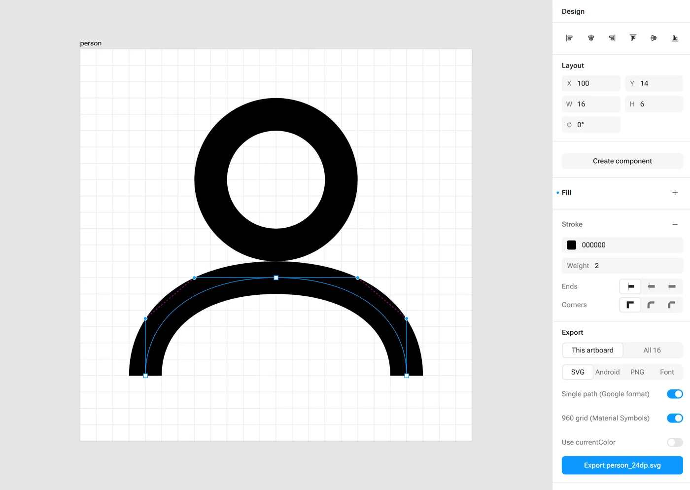 A person icon zoomed in with the shoulder curve selected: blue anchor points and handles, and dashed pink Tunni lines joining the handle ends on each side.