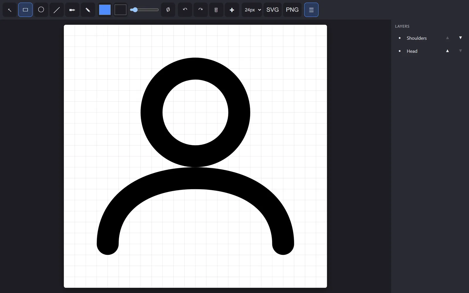 The first version of Iconic: a dark toolbar of tool, color and export buttons, one large 24 pixel canvas showing a person icon, and a simple layers list.