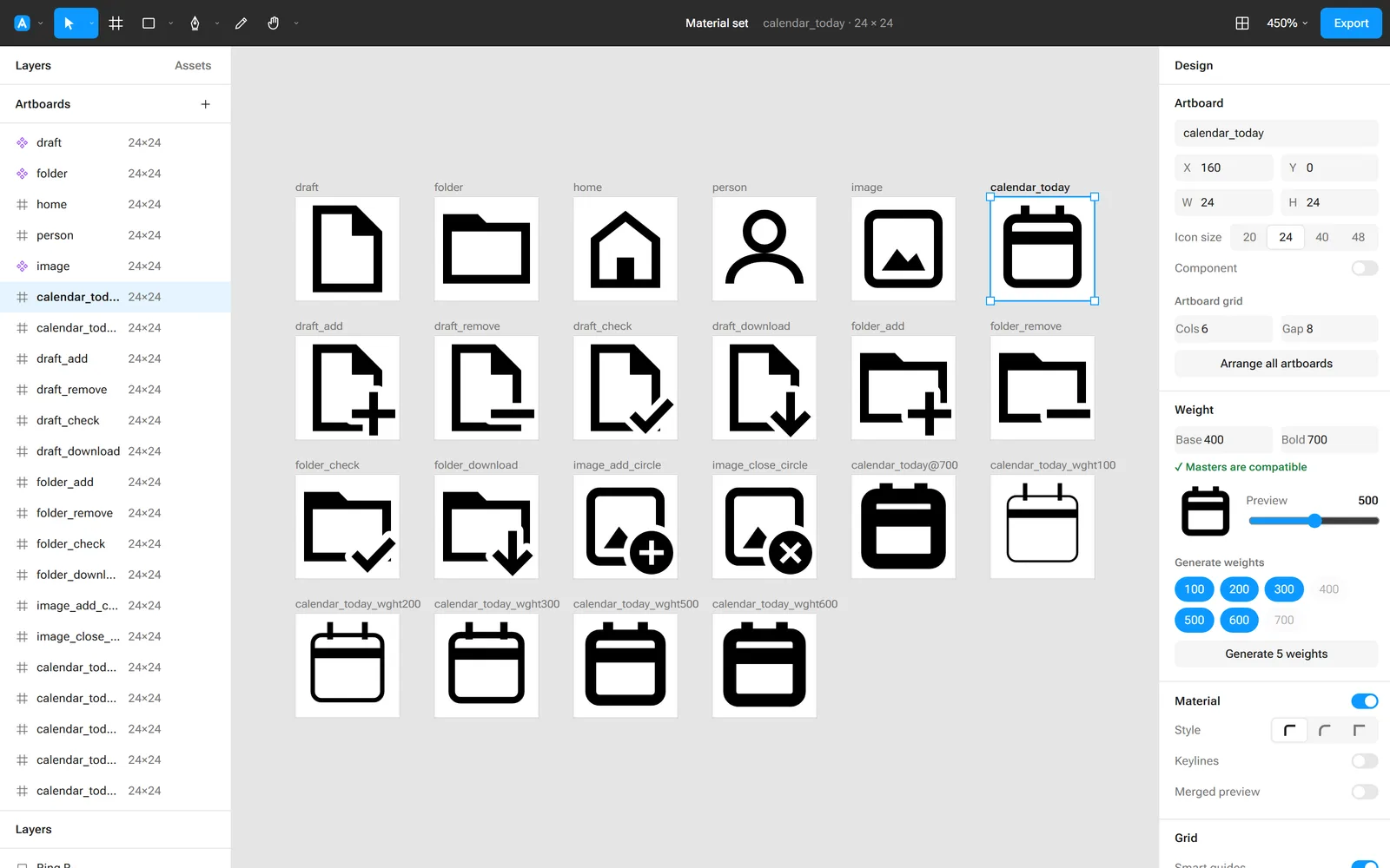 The canvas with a calendar icon at its base weight, its bold 700 master and five generated weights from 100 to 600, next to the Weight panel showing Masters are compatible, a weight preview slider at 500, and weight chips for generating.