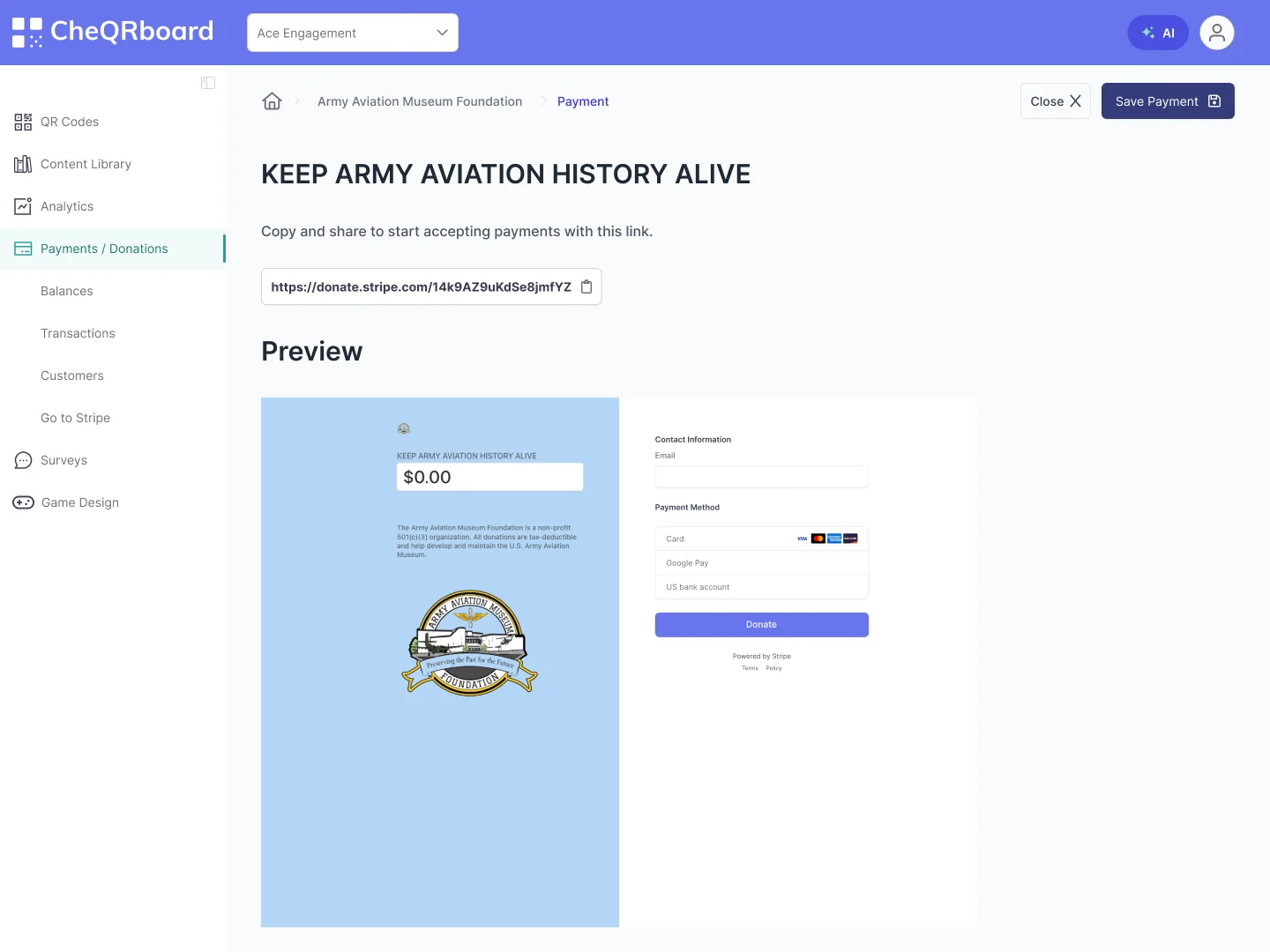 Editing a donation payment link for an aviation museum foundation: the shareable Stripe link, a preview of the donate page, and the Logo section.