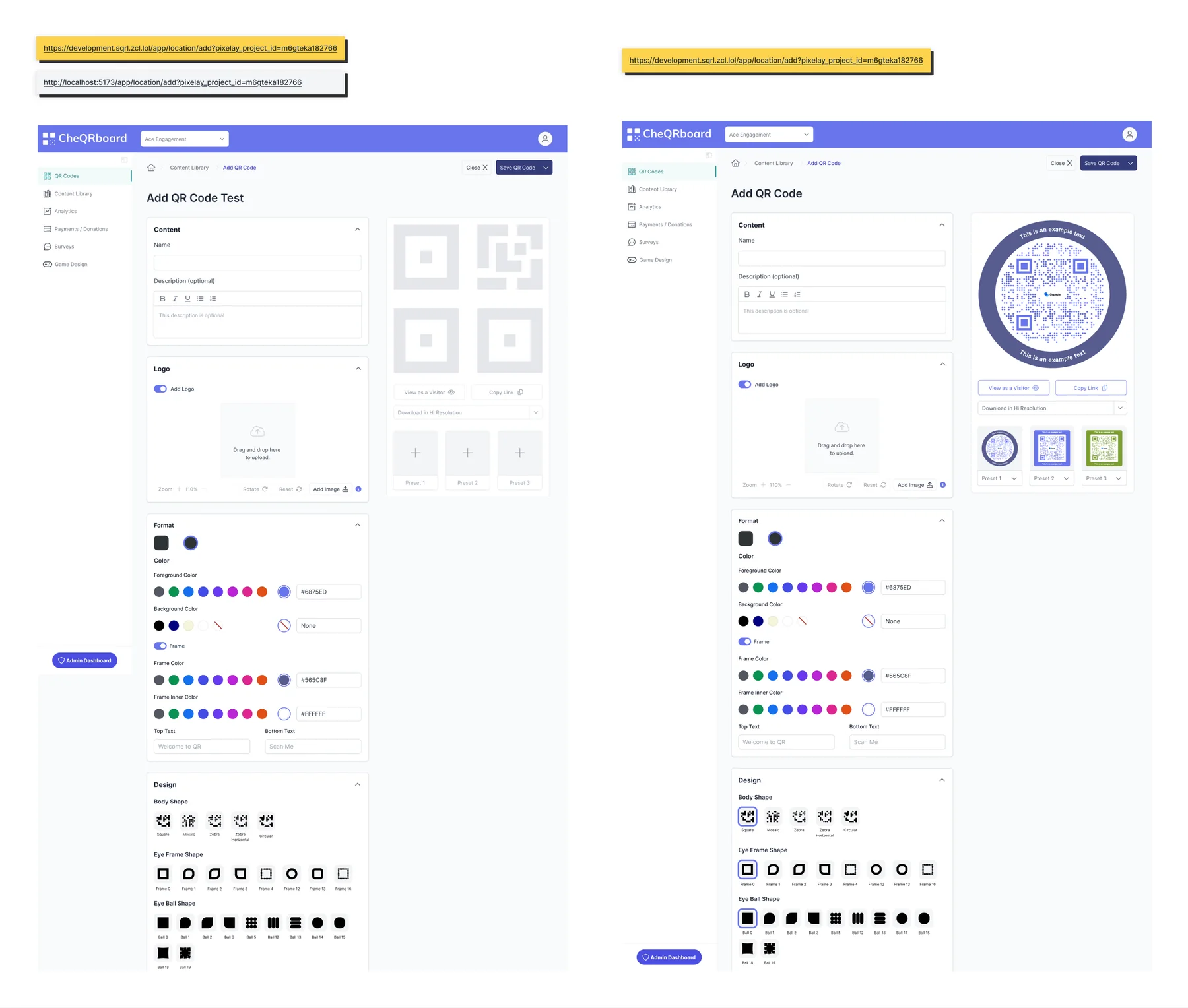 Pixelay comparison of the development build and the Figma design for the Add QR Code screen, with the build links pinned above each.