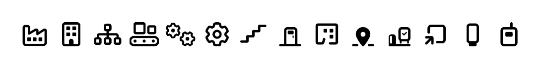 The full icon set in one row: plant, building, customer, line, machine, component, floor, door, area, location pin, site, location, sensor and gateway.