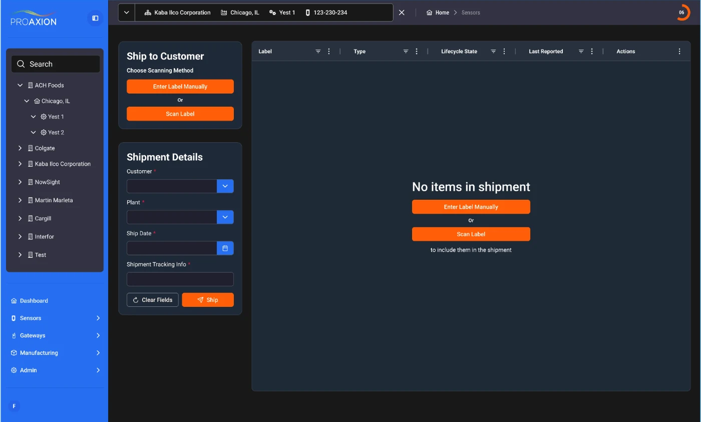 The Ship to Customer screen: options to enter a label manually or scan it, a Shipment Details form, and an empty shipment table.