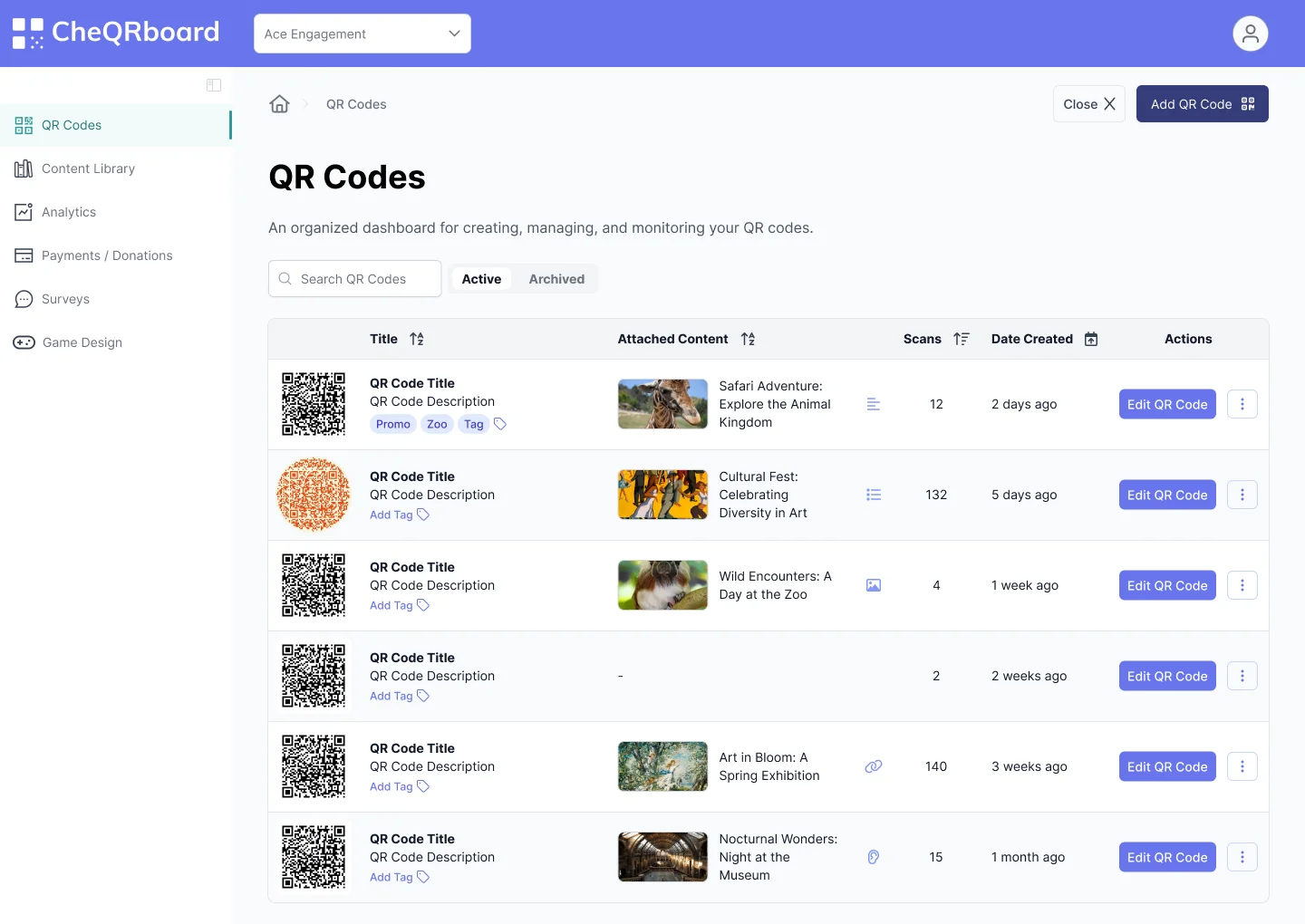 The QR Codes dashboard listing each code with its attached content, content type, scan count and date created.