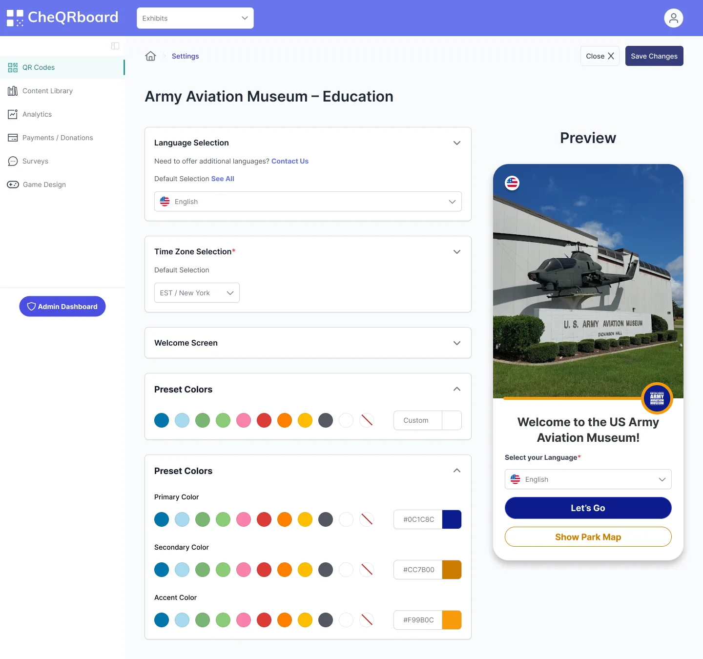 Settings for the Army Aviation Museum: language, time zone, welcome screen, preset colors and design colors on the left, and a phone preview with the museum's photo, logo, a Let's Go button and a Show Park Map button.