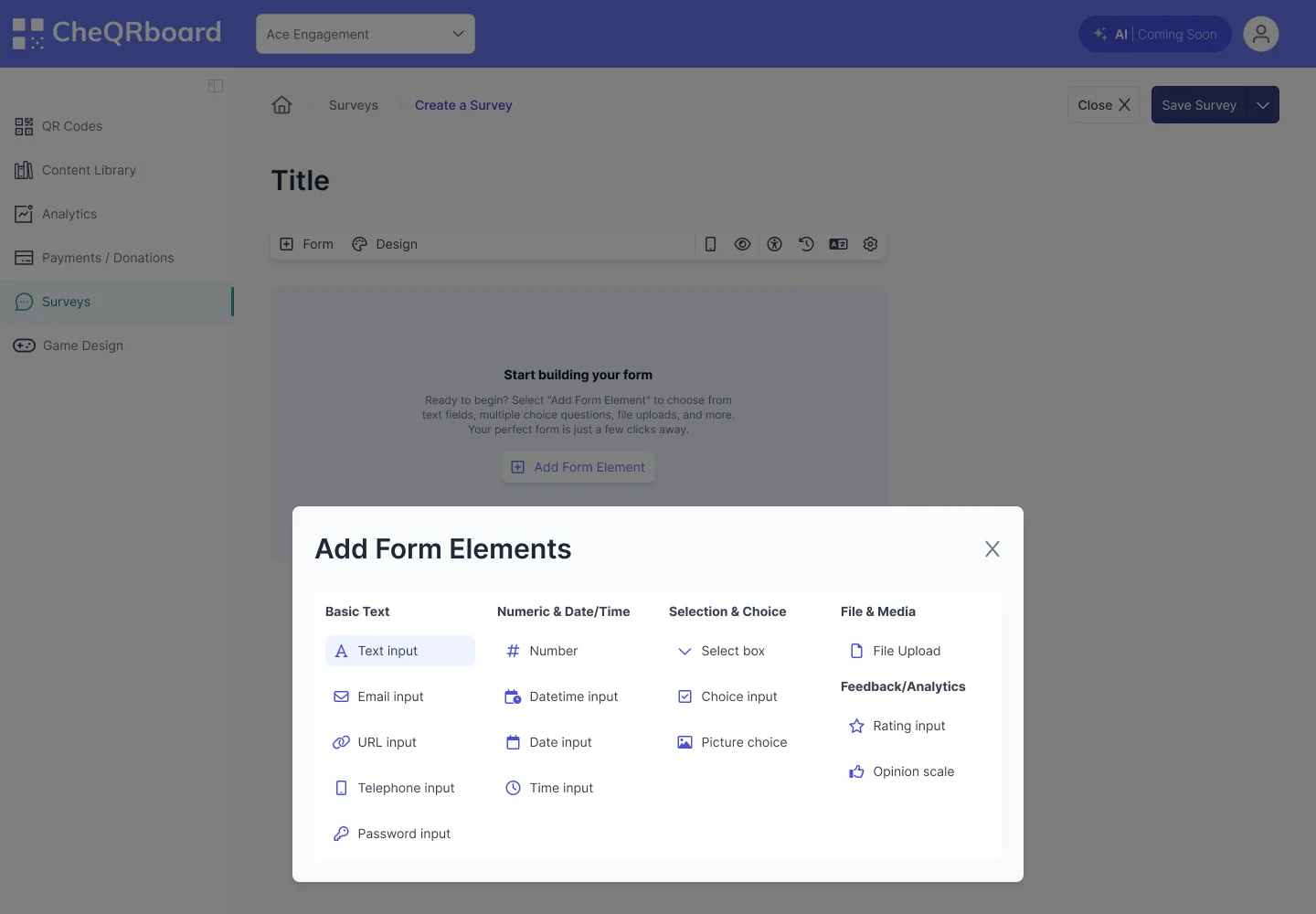 The Create a Survey screen with the Add Form Elements dialog open, grouping inputs under Basic Text, Numeric and Date/Time, Selection and Choice, File and Media, and Feedback/Analytics.