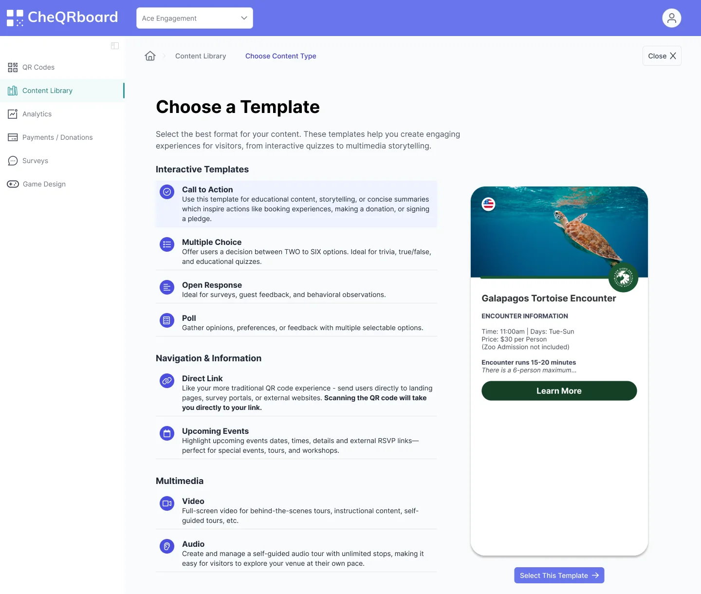 The Choose a Template screen listing templates under Interactive, Navigation and Information, and Multimedia, with a live example of a Galapagos tortoise encounter on the right.