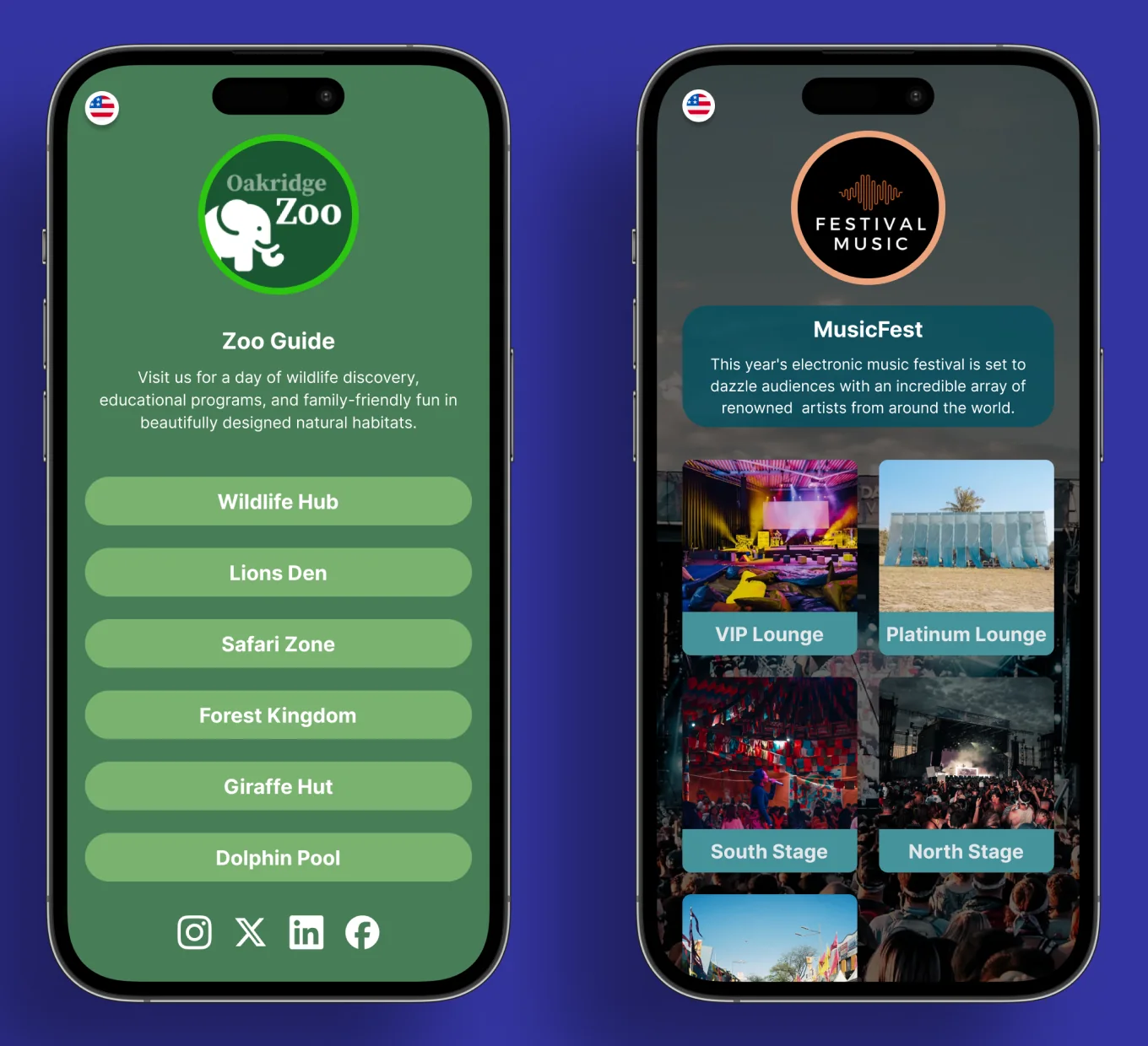 Two phones showing Link Tree pages: a zoo guide with green buttons for each habitat, and a music festival page with photo tiles for each stage.